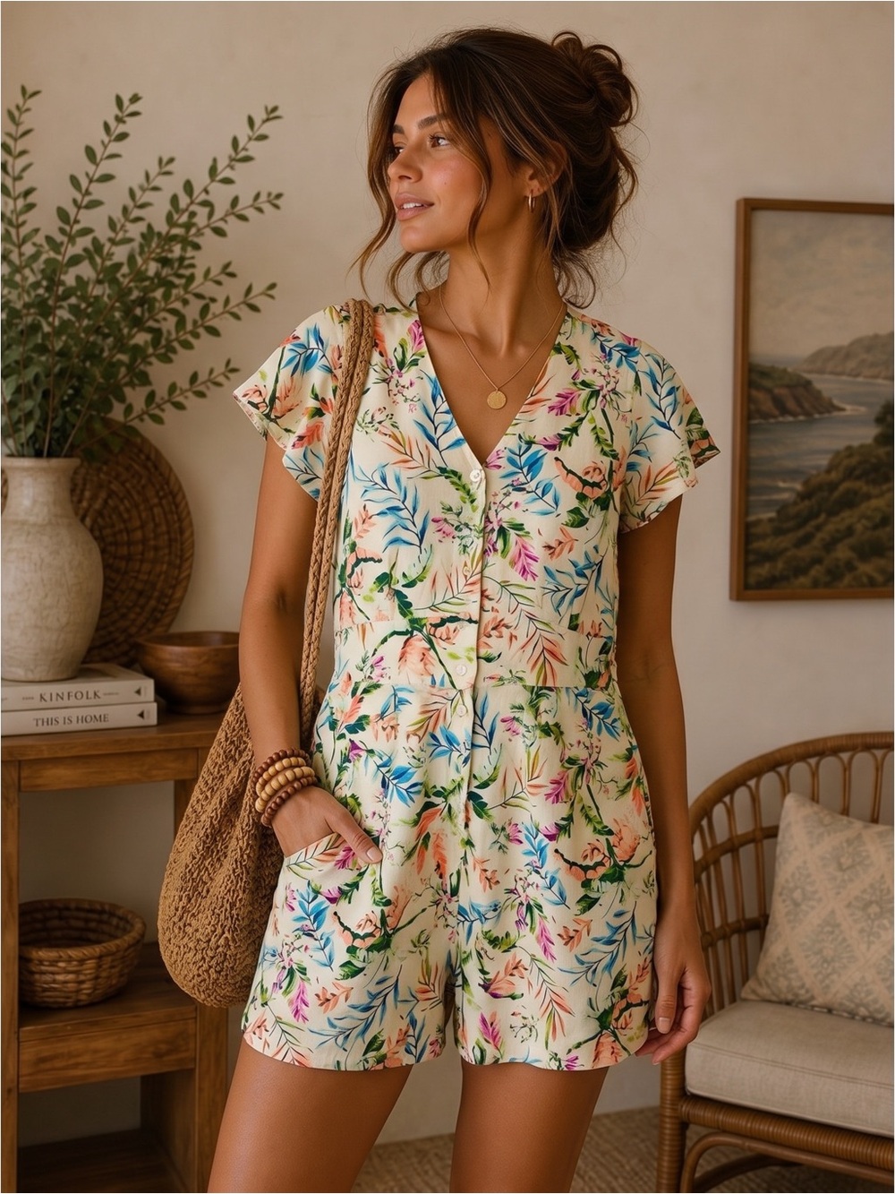 LANDS' END 100% Linen Tropical Romper